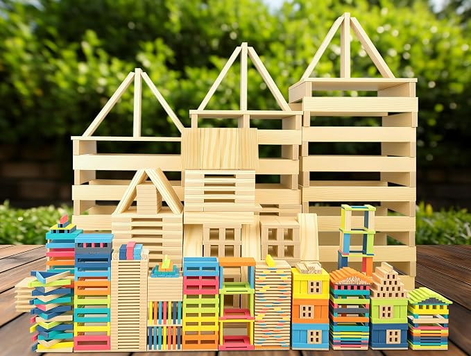 Jumbo 42 Pcs Medium Wooden Building Blocks for Kids,Natural Pine Construction Toy - 9.8 in Large Building Planks for Fast & Satisfying STEM Play, Sensory Motor Skills Family Game Night (20lbs)