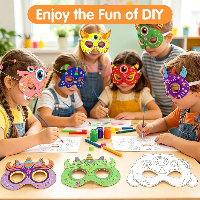 24 Pcs Monster Crafts for Kids DIY Coloring Masks School Activity | DIY Color Your Own Cartoon Monster Arts and Crafts for Masquerade Birthday Dress-Up Cosplay Party Favor Class Game Supply