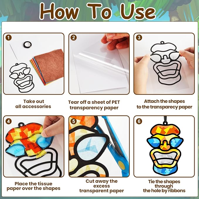 Qyeahkj 36 Set Tiki Theme Suncatchers Craft Tropical Hawaii Suncatchers Craft Kit Summer Luau Window Tissue Paper kit Window Hanging Decoration for Home Art Project Party Favor Gift