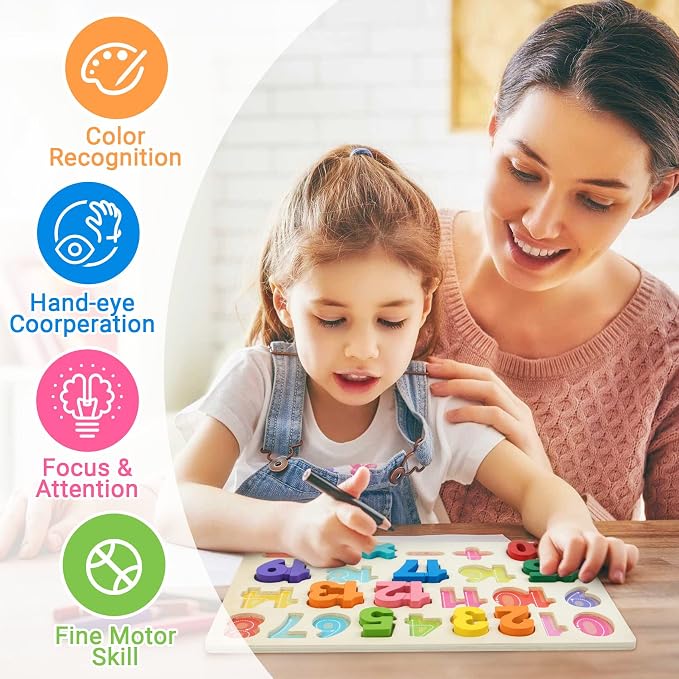 Attmu Number Puzzle Wooden Puzzles for Toddlers Toy | Shape Learning Toys with Puzzle Board & Number Blocks, Preschool Educational Toys Gifts for Girls Boys