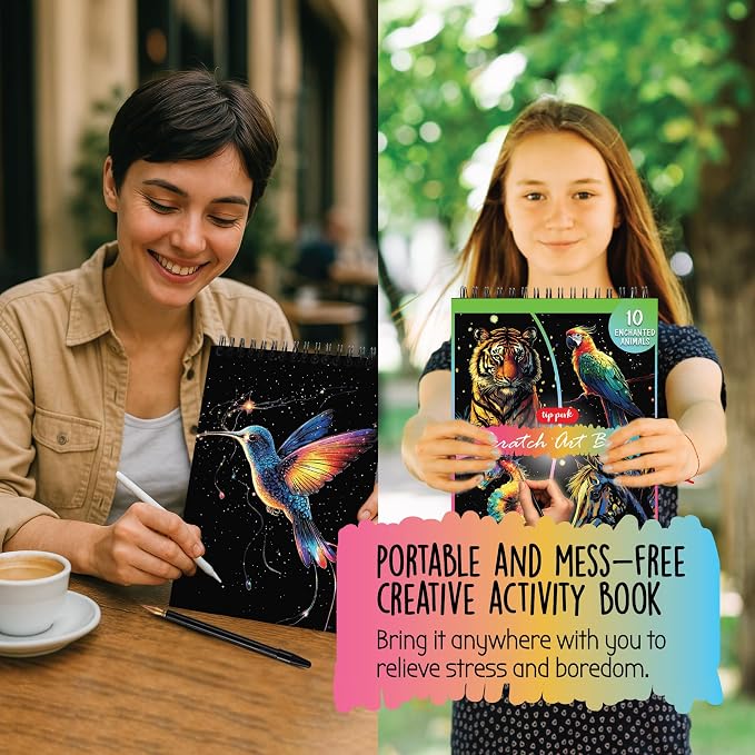 Scratch Art Book for Adults - Animal Series, 10 Rainbow Art and Crafts for Adults | Adult scratch art & foil art for adults kit | stress relief scratch painting, screen-free travel craft | scratch art adult