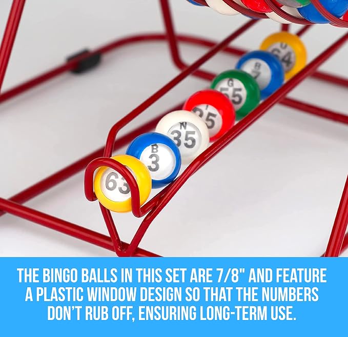 Regal Bingo Red Professional Bingo Game Set with 11" Wheel Cage, 75 Bingo Balls, Master Board, 18 Bingo Cards & 25 Jumbo Reusable Cards, and Colorful Chips - Bingo Games for Adults Large Group