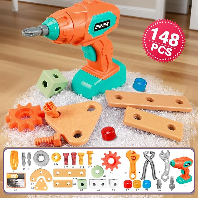 VEAIS Kids Tool Set with Drill,148Pcs Tool Set with Toolbox,STEM Montessori Toys for 3 4 5 Year Old,Pretend Play Kid Toy,Educational Construction Toy for 3-5 Year Old Boy Girl,Birthday Gift for Kids