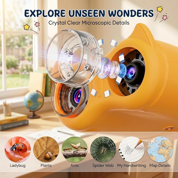2-in-1 Kids Microscope and Telescope, 1000X Handheld Digital Microscope for Kids, 2.0" Screen, 8 LEDs, 10X Pocket Telescope for Outdoor, 1080P Camera STEM Toys Gift for Boys Girls 4-12, Yellow
