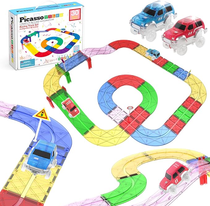 PicassoTiles 30 PCS Magnetic Race Track Toy Set STEM Educational Building | Ages 3+, BPA-free materials, promotes hand-eye coordination & engineering skills, Hands-On Learning & Screen Free Play