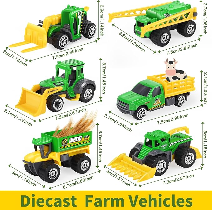 Oriate Diecast Farm Tractor Toys Set for Kids Boys Girls Age 3-5, 6pcs Cars | Harvester,Transporter, Truck, Sprayer Small Farming Toy Tractors, Mini Vehicles Model Farm Equipment, Christmas Birthday Gift