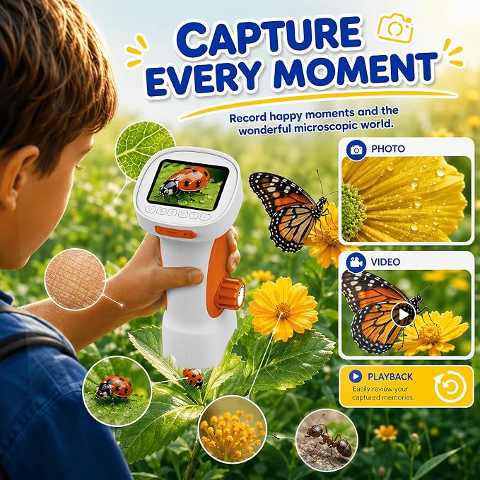 1000X Handheld Digital Microscope for Kids: Explorer 1080P Magnifying Glass | 2.4” IPS Portable Electronic STEM Outdoor Montessori Learning Toy, Birthday Gifts for 4 5 6 7 8-12 Year Old Boys Girls