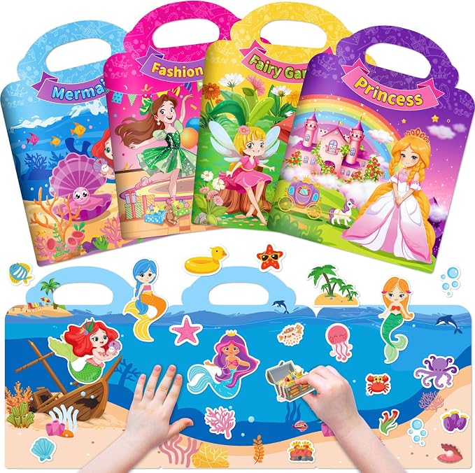 4 Sets Reusable Sticker Books for Toddler 1-3, Dress Up Stickers Book for Girls 2-4, Arts Crafts Jelly Stickers Travel Toys, Holiday Birthday Gifts Easter Basket Stuffers, Mermaid and Fairy Tale