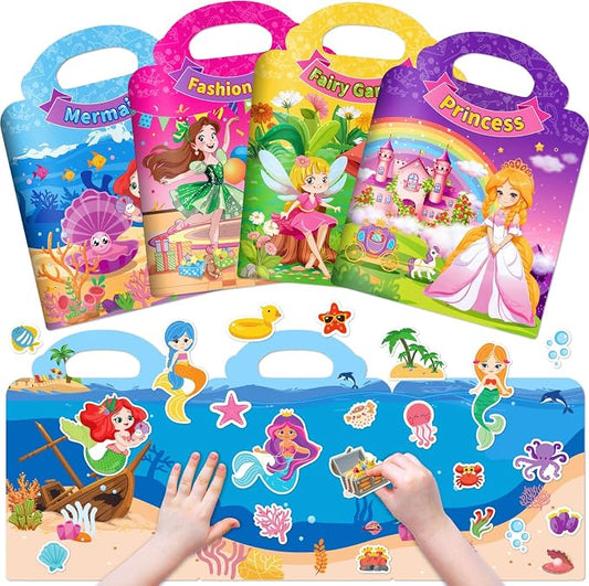 4 Sets Reusable Sticker Books for Toddler 1-3, Dress Up Stickers Book for Girls 2-4, Arts Crafts Jelly Stickers Travel Toys, Holiday Birthday Gifts Easter Basket Stuffers, Mermaid and Fairy Tale