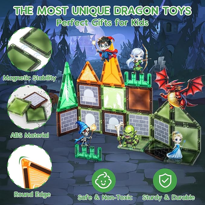 Dragon & Princess Magnetic Tiles for Kids 5-8 – Fantasy World Building Blocks with Monster, Wizard, Elf, Skeleton, STEM Toy for Boys & Girls, Christmas Birthday Gift