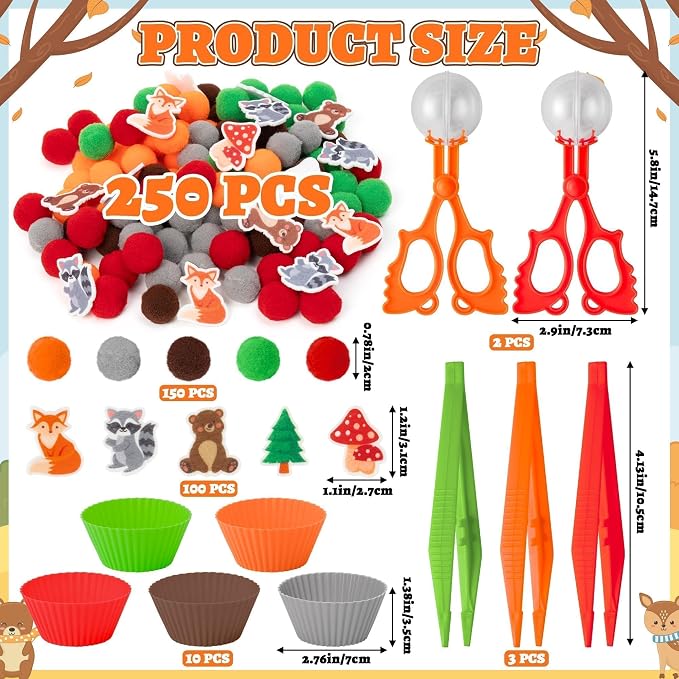 EZdhuawuse Woodland Animals Sensory Bin Fillers - 266Pcs Summer Animals Fine Motor Toys Sorting Stacking Toys for Kids, Felt Fox Bear Pom Poms Cup Clip for Preschool Education Development Activity