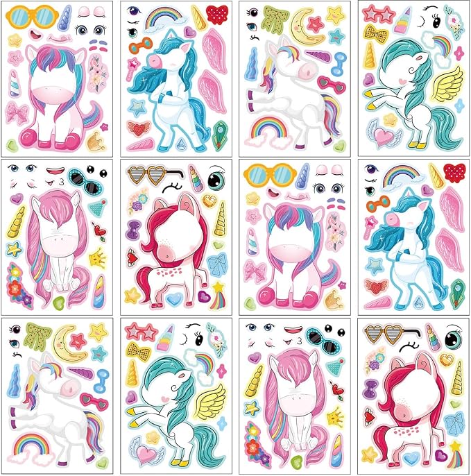 24 Sheets Make a Face Unicorns Stickers for Girls Kids Party Favors | Make Your Own Unicorns Stickers Birthday Decorations Supplies, Toddlers Crafts Activities Gifts Goodie Bags Stuffers Games