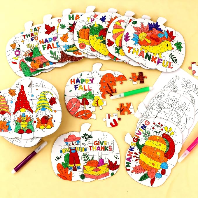24Pcs Thanksgiving Fall Crafts for Kids Autumn Pumpkin Shape Art DIY Puzzle | Fall Craft Jigsaw leaf Turkey for Thanksgiving Harvest Activity, Classroom party favor Gift, Coloring Game Toy Supplies Bulk