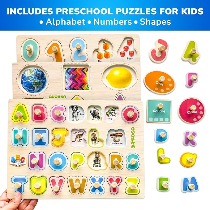 QUOKKA 8 Wooden Puzzles for Toddlers 1-3 - Toddler Montessori Puzzles Ages 2-4 in a Rack - Learning Alphabet, Numbers and Animals Toy for Kids 3-5 - Wood Games Gift for Boys and Girls