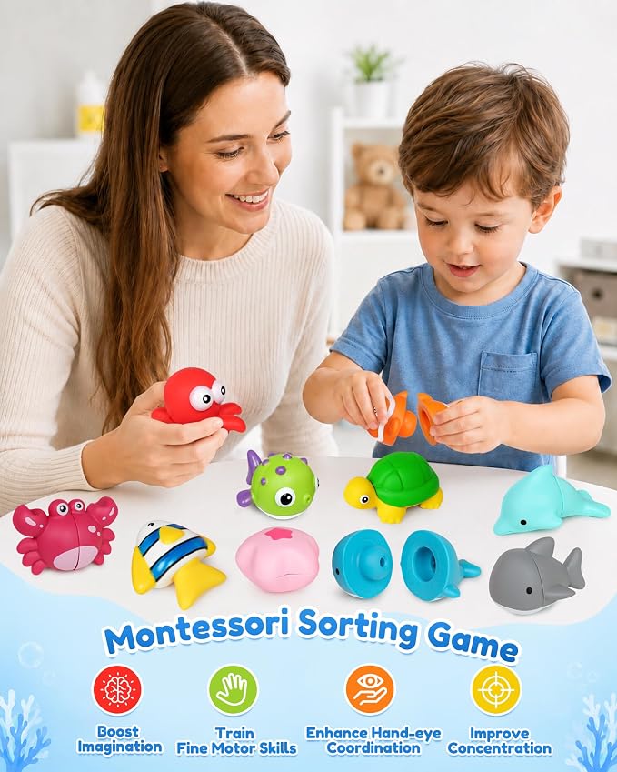 10 Pcs Ocean Animals Matching Toys for Toddlers 1-3 | Fine Motor Skills & Color Sorting Learning Toy, Educational Sea Creatures Travel Toys, Gifts for Boys & Girls