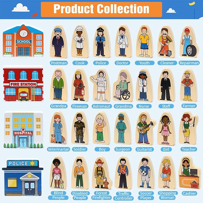 36Pcs Wooden Community Helpers Pretend Play Toys for Kids 3 4 5 6 Year Old, Wooden People Figures Blocks Occupations Dress up Toddlers Preschool Learning Toys Boys Girls Birthday Gifts