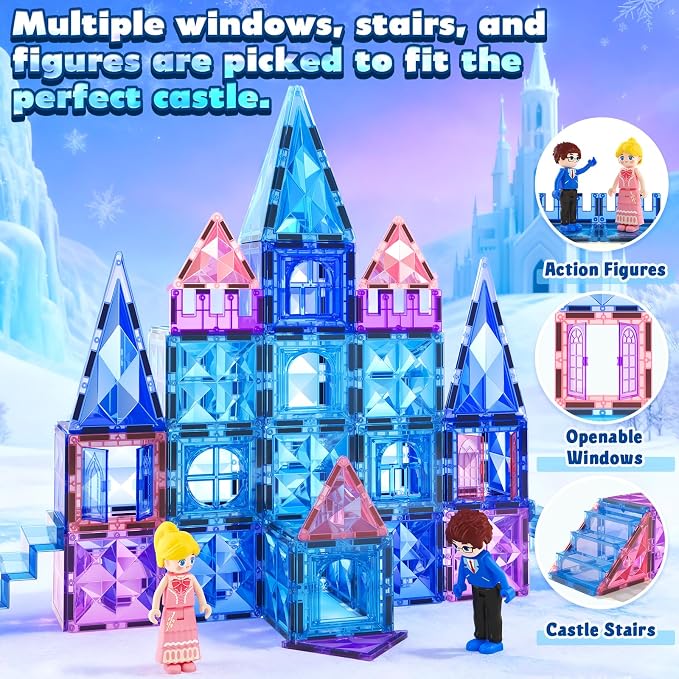 Magnetic Tiles 102pcs with 2 Stairs 2 Dolls Princess Castle Building Toys | Girls Toys Age 4-5 6-8 Magnetic Blocks Birthday Xmas Gifts Girls Toys for 3 4 5 6 7 8+ Year Old