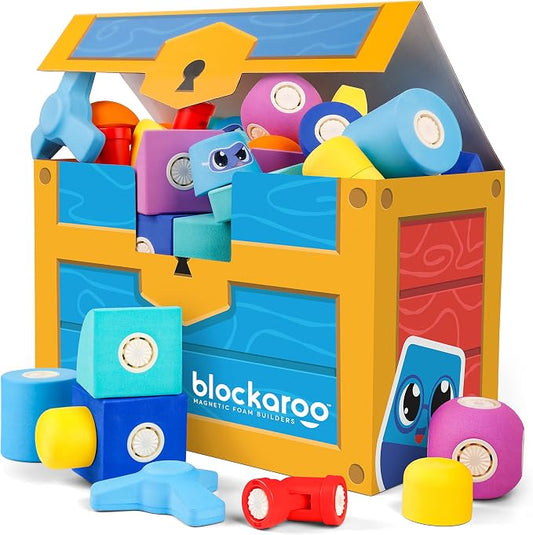 Blockaroo Magnetic Foam Building Blocks 50-Piece Trunk Set for Toddlers | Soft Magnetic Foam Blocks, 360-Degree Rotation, Storage Trunk, Floating Bath Toy, Sensory Play, Dishwasher Safe, Ages 3-5
