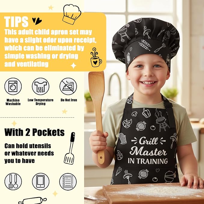R HORSE Kid Apron and Chef Hat Set - 2Pcs Adjustable BBQ Mini Grill Children Kitchen Apron, Dress up Role Play Chef Toy Funny Cooking Baking Painting and Training Kits for Kids Birthday Gift
