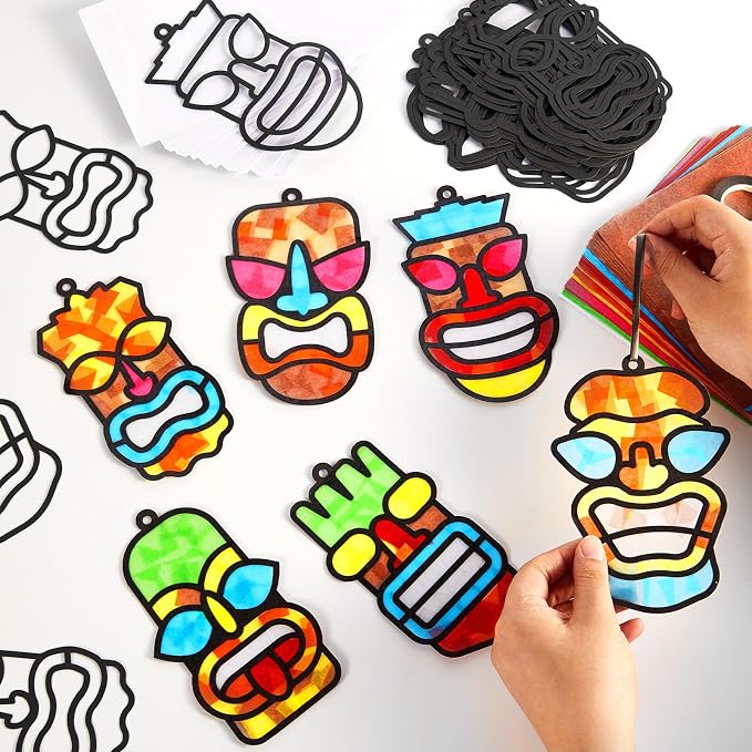 Qyeahkj 36 Set Tiki Theme Suncatchers Craft Tropical Hawaii Suncatchers Craft Kit Summer Luau Window Tissue Paper kit Window Hanging Decoration for Home Art Project Party Favor Gift