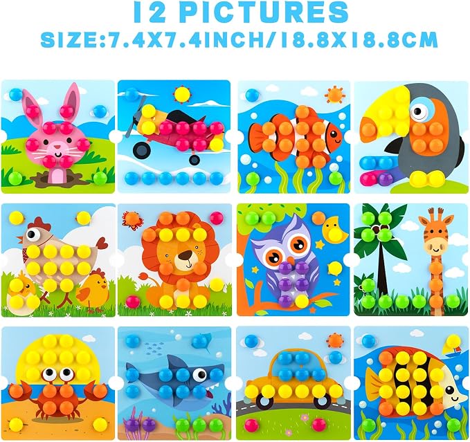 Button Art Pegboard for Toddlers - 12 Pics & 46 Buttons, Gift 3+ | 7.8'' x 7.8'' pegboard with toucan theme. Builds fine motor skills, color matching & creativity. Perfect early learning gift