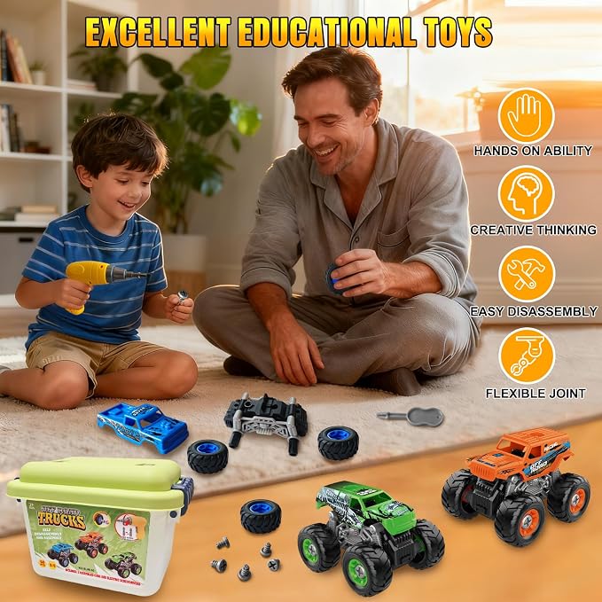 Take Apart Monster Truck Toys for 3 4 5 6 7 8 Year Old Boys, STEM Educational Building Toys with Electric Drill & Storage Box, Kids Toys Christmas Birthday Gifts for Boys Girls Toddlers