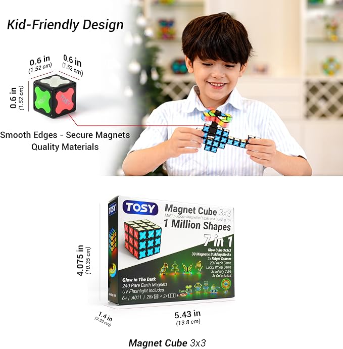 TOSY Magnet Cube 3x3 - 240 Magnets, 30 Blocks, 7in1 Toy: Puzzle Cube Game, Creative Building Blocks, Transformable Fidget Spinner, Infinity Cube, Magnet Tiles, UV Flashlight, Glowing STEM/STEAM Toy