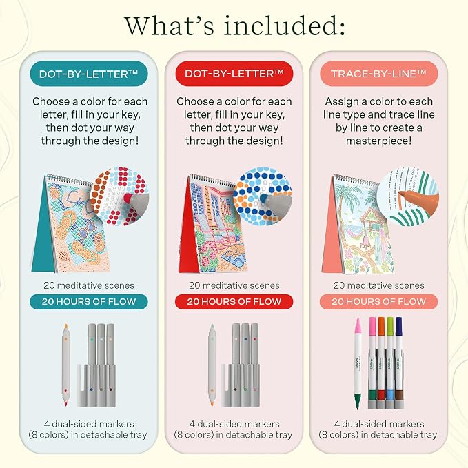 Lifelines FlowArt Activity Pads, 3-Pack, Dot-by-Letter Coloring Books | 12 Double-Sided Markers, 60 Scenes - Guided Dot Art Meditations for Tweens, Adults & Seniors - Patent-Pending