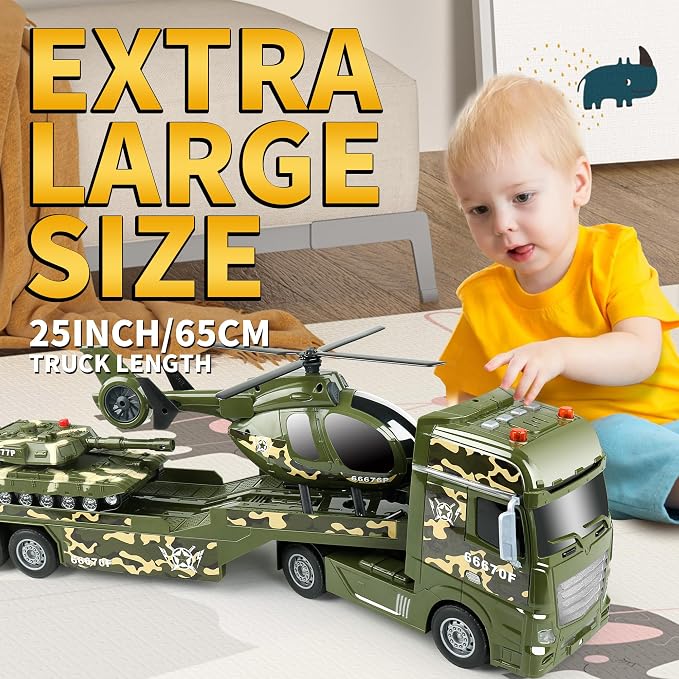 Dwi Dowellin Green Military Big Truck Toys,25.6" Semi Truck Toy with Helicopters and Tank,Army Toys with Lights & Sounds,Birthday Gift for 2 3 4 5 Years Old Boys and Girls