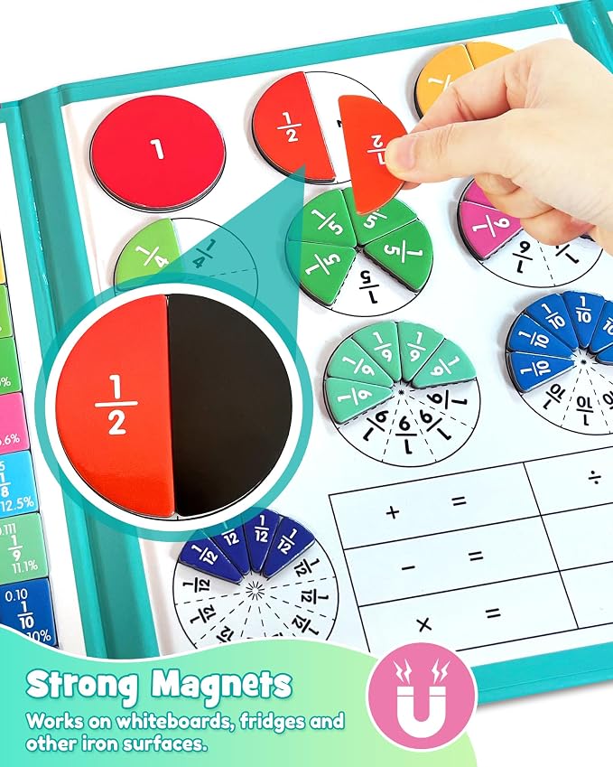 Magnetic Fraction Book with Tiles Circles Manipulatives Toy for Kid | Montessori Math Learning Kit for Kids Grades K-3, Fraction Playbook Educational Puzzle Board, Back to School Supplies Gift