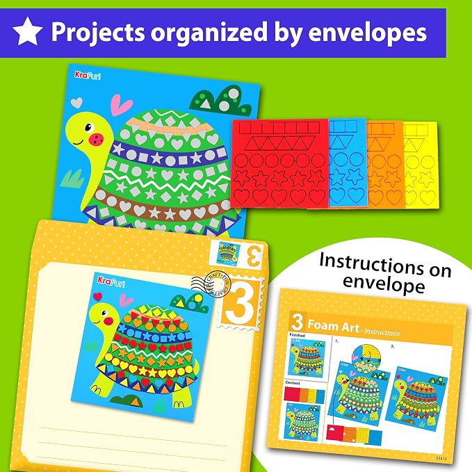 KRAFUN Toddler Beginner Art & Craft Kit Ages 3-5 | 10 Envelopes | 10 projects: Origami, Puppets, Lacing & Pompoms. Preschool educational activities. Creative DIY gift for boys & girls