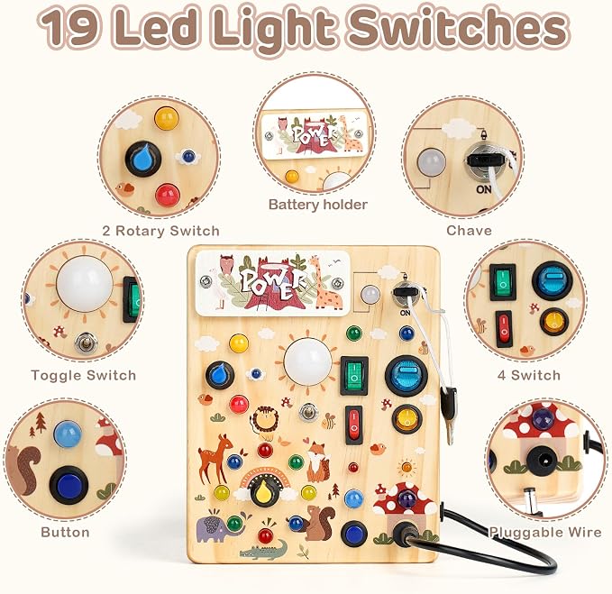 LED Busy Board for Toddlers 1-3,Montessori Toy with Key Switch, Light Up Wood Activity Sensory Board for Fine Motor Skills, Educational Travel Toy Gift for 1 2 3 Year Old Boys Girl