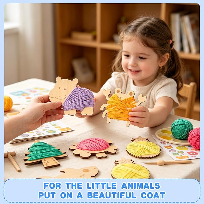 wilbvnit Wooden Yarn Winding Toy for Kids,DIY Animal & Shape Threading Board Set,Develop Fine Motor Skills & Creative Color Patterns,Montessori Sensory Craft Kit,Perfect Educational Gift for Toddlers