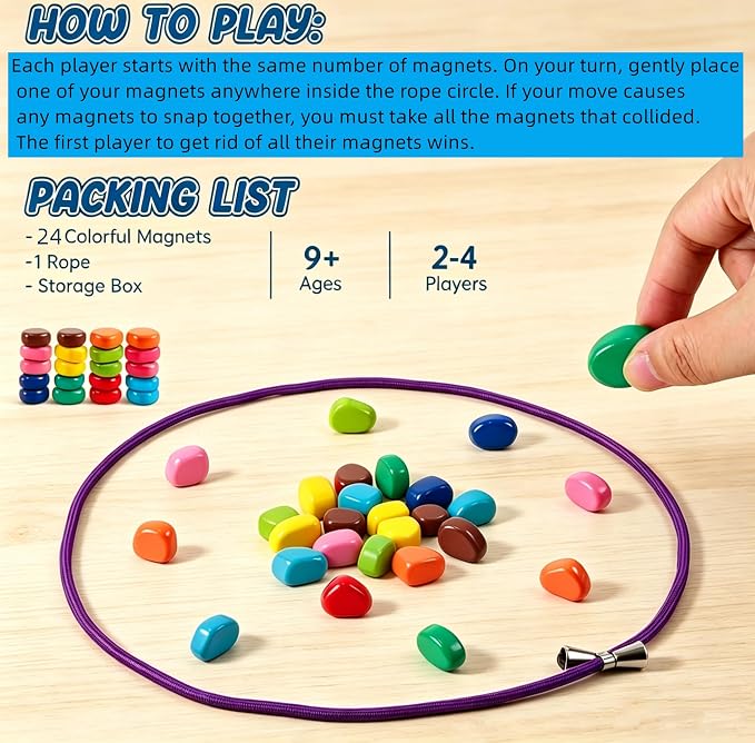 Magnetic String Game, 24 Colorful Magnetic Stones, Portable Strategy Board Game for Family, Party, Travel & Kids Adults STEM Educational Toy