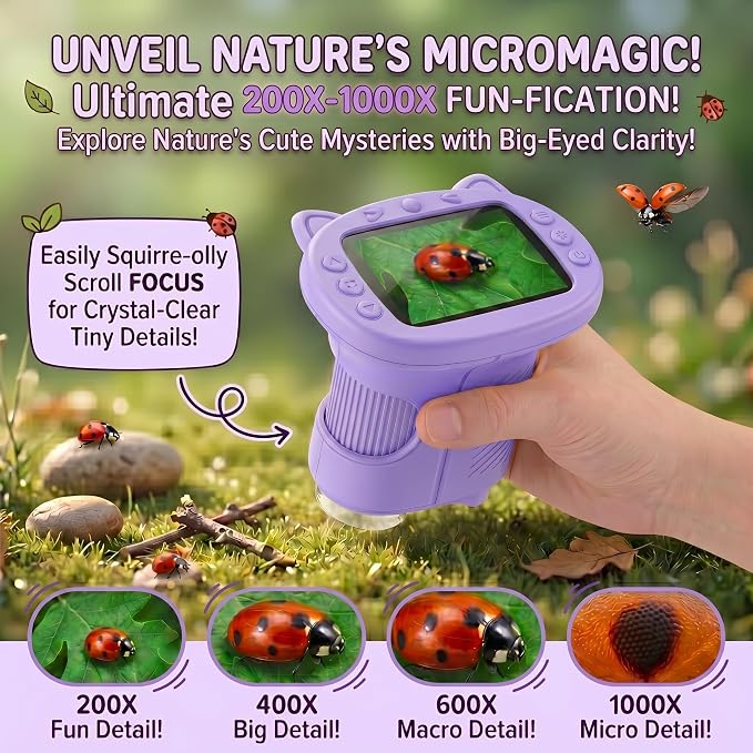 Kids Microscope, 1000X Handheld Digital Pocket Microscope with 2.4" IPS Screen & 8 LEDs, Rechargeable STEM Educational Science Toy for Outdoor Exploration, Gift for Boys Girls Age 4-12, Violet