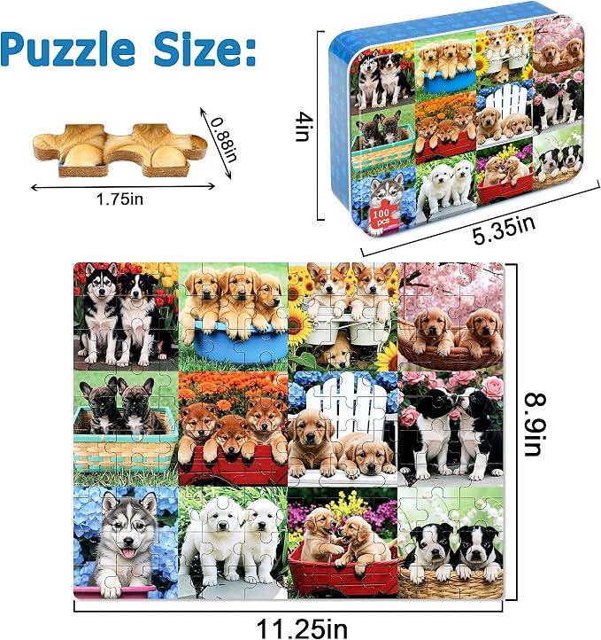 LELEMON Puzzles for Kids Ages 4-6,Cute Dogs 100 Piece Puzzles for Kids Ages 6-8 in a Metal Box,Educational Jigsaw Puzzles,Childrens 100 Piece Puzzle Games Puzzle Toys for Girls and Boys
