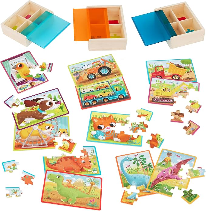 B. toys Wooden Jigsaw Puzzle Set, Pack o' Puzzles 3-Pack Storage, 3 Pack | 12 wooden 12-piece puzzles with pets, dinos and trucks in 3 sturdy storage boxes; color-coded backs for sorting; 3+ Years