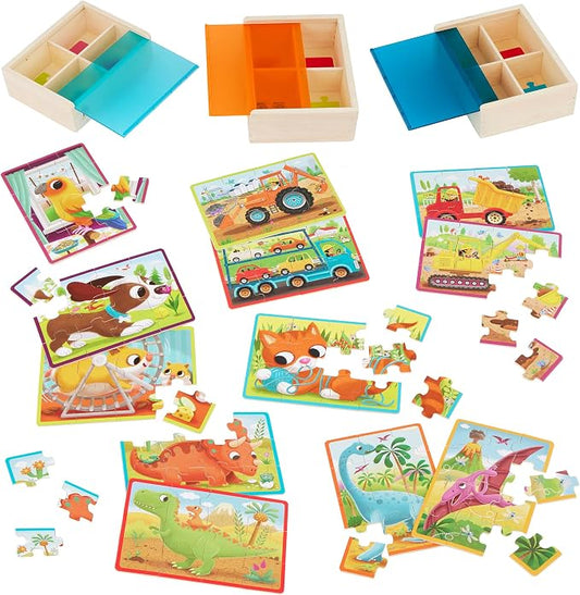 B. toys Wooden Jigsaw Puzzle Set, Pack o' Puzzles 3-Pack Storage, 3 Pack | 12 wooden 12-piece puzzles with pets, dinos and trucks in 3 sturdy storage boxes; color-coded backs for sorting; 3+ Years