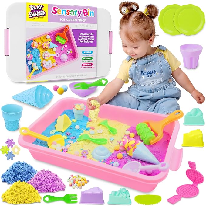 Sensory Bin - Baking & Ice Cream Making Set with 3.3lb Play Sand Kit, Waffle Cake Molds and Sand Tools, Ice Cream Toy Shop, Gifts for Girls & Boys | 3.3lb Play Sand, Waffle Cake Molds, Ice Cream Shop Playset, Creative Baking Toy, Fine Motor Skills, Gif...