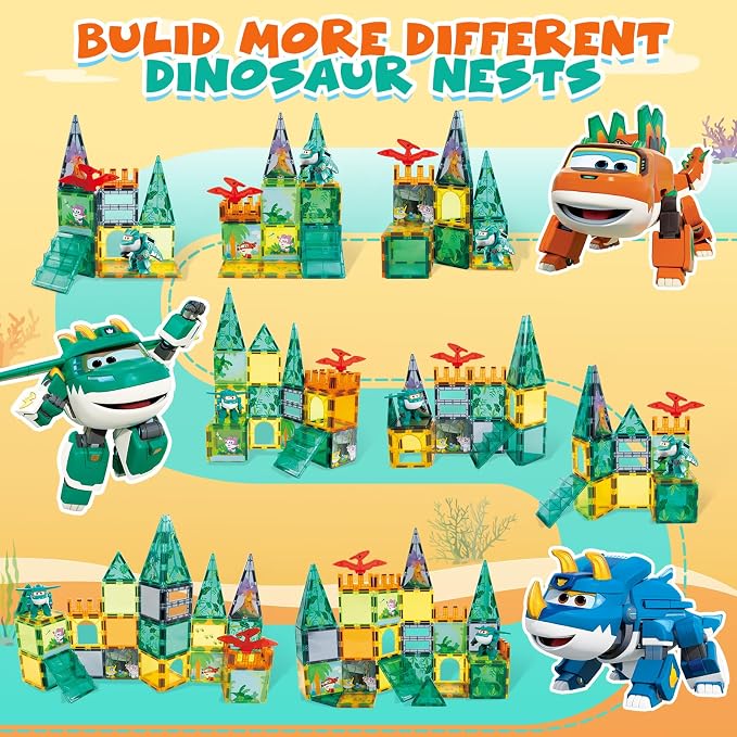 Magnetic Tiles with Tino Dinosaur Transformable Toy, STEM Building Blocks for Kids Ages 3-8, Travel Magnet Construction Set, Educational Dino Toys for Boys Girls Preschool Learning