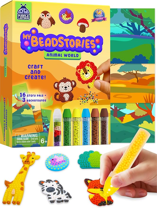 Magical Bead Painting for Kids - Animal World Theme Birthday Gift for Boys & Girls Ages 4-8 Years Old, DIY Mosaic Arts & Crafts Kit with Colorful Templates, Beads Pen & Creative Fun Set