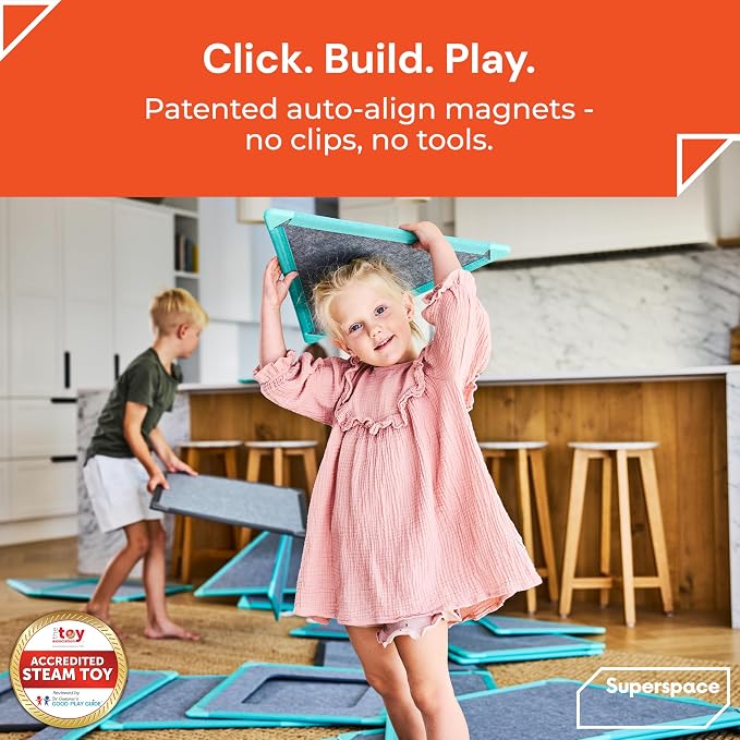 Superspace Giant Magnetic Fort Building Panels - The Little Set, Charcoal, 16 Panels, Life-Size Magnetic Tiles for Kids, Build Forts Castles Nooks, Eco-Felt STEM Toy Ages 3+, Indoor & Outdoor