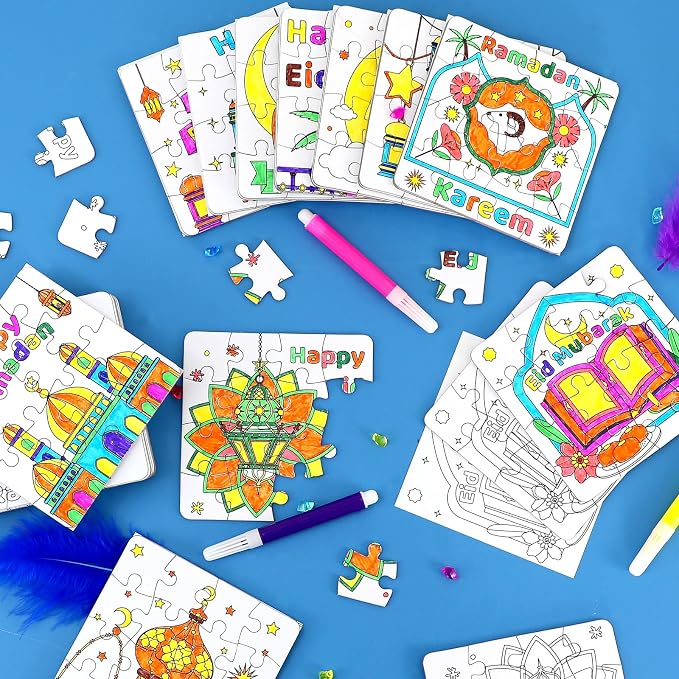 24 Pcs Ramadan Crafts for Kids, Eid Mubarak Arts and Crafts DIY Puzzle with Lanterns, Stars, Masjid, Moon, Castles, Ramadan Eid Activities Painting Kits for Islamic Gifts Party Favors & Goodies Bulk