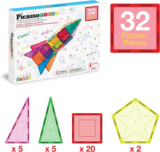 PicassoTiles Magnetic Building Block Rocket Booster Theme Set Magnet Construction Toy Educational Kit Engineering STEM Learning Playset Child Brain Development Stacking Blocks Playboard PT32