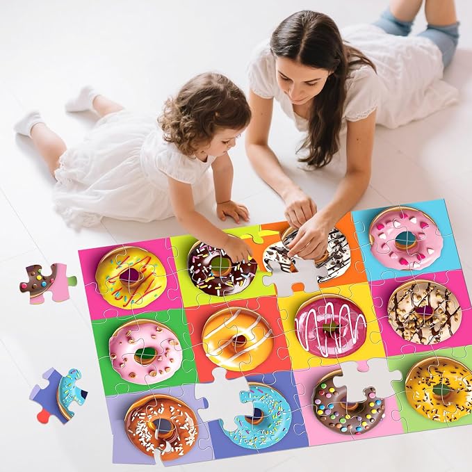 Jumbo Floor Puzzle for Kids,48 Piece Colorful Donut Jigsaw Puzzle Ages 3-8 | Dessert-themed Donut Learning Puzzle,Extra-thick Cardboard,35x24 in Completed,Preschool Gift for Boys and Girls