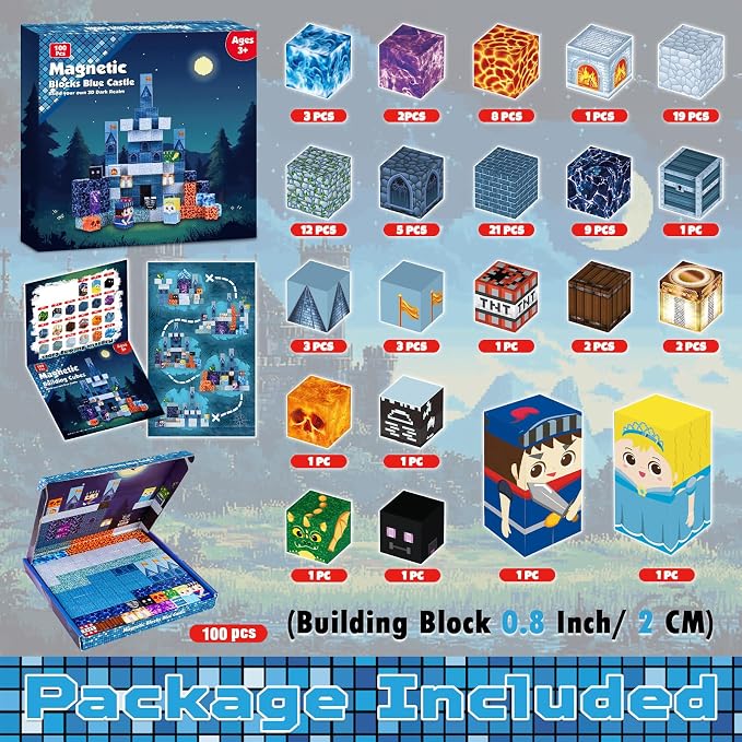 ToyUnited 100PCS Magnetic Blocks - Magnet Building Blocks, Stacking Magents Cubes Toys Blue Castle Set, STEM Montessori Sensory Toys for Kids Boys and Girls Ages 3 4 5 6 7 8 9 10+ Birthday Gifts