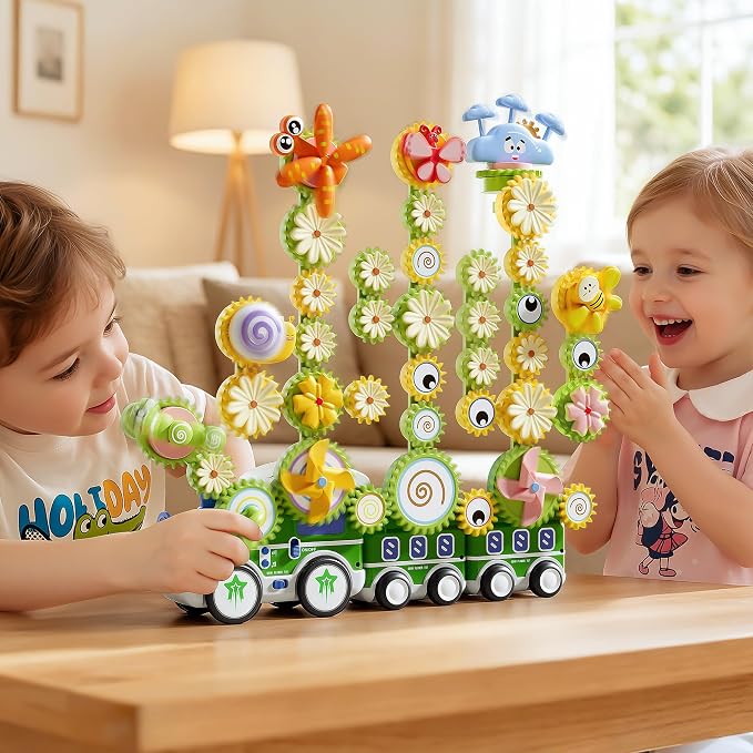 4 in 1 STEM Gear Toys for Kids Ages 3+, Educational Building Blocks, 87Pcs | Flower Construction Kits, Musical Electric Train Sets, Toddler Learning Toys with Light, Boys and Girls Gifts