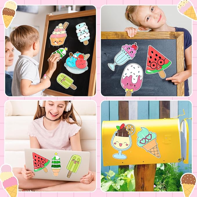30Pcs Summer Ice Cream Coloring Magnets Arts Crafts Kits for Kids | Ice Cream Blank DIY Coloring Magnets for Summer Holiday Party Fridge Whiteboard School Classroom Activities Decors