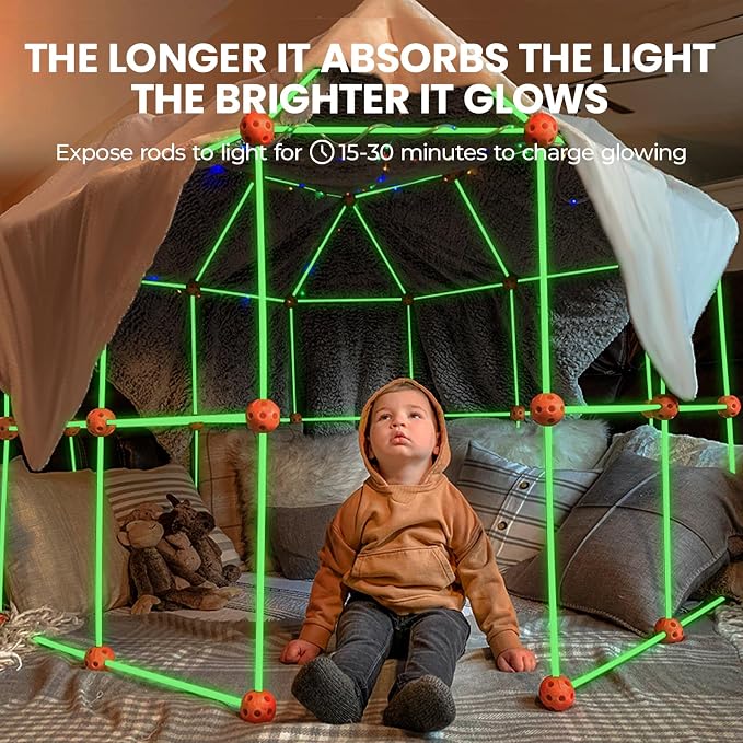 Tiny Land Glow Fort Building Kit for Kids Ages 4-12, STEM Building Toy | 86 Glow-in-the-Dark Rods & 44 Balls, Builds Forts, Tunnels & Castles, Indoor/Outdoor Play, Storage Bag, STEM Gift for Kids