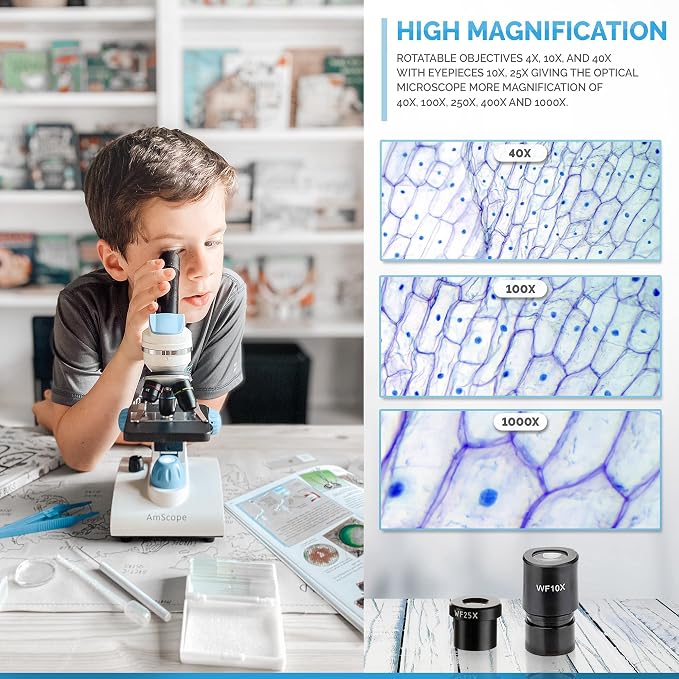 AmScope M162C-2L-PB10-WM All-Metal Compound Microscope 1000X Magnification | 40X-1000X Magnification LED Illumination All Metal Frame Includes Slides Prepared Kit Carrying Case Digital Camera Ready